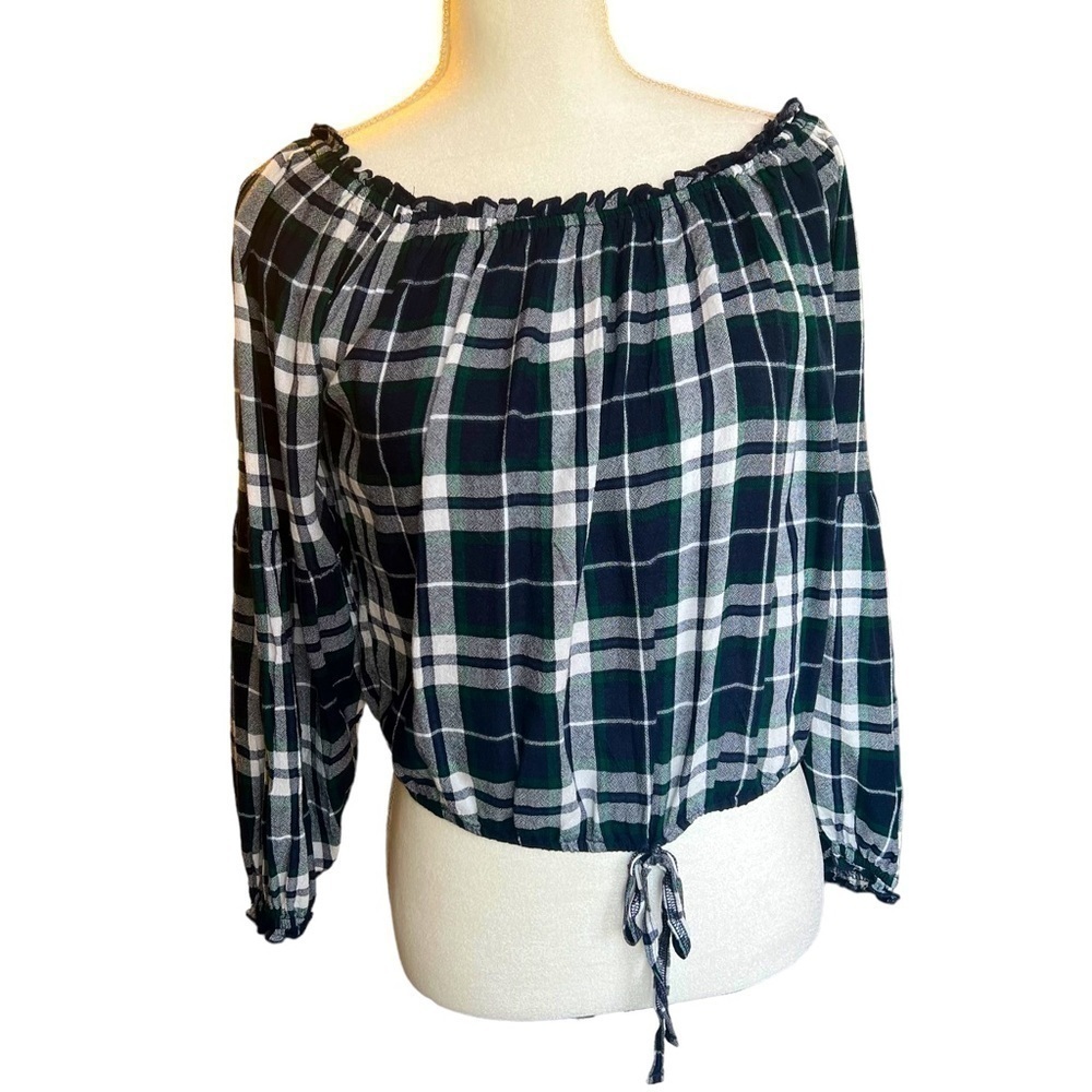 HOLLISTER CROP LONG SLEEVE GREEN & BLUE PLAID‎ TOP TIE FRONT MEDIUM